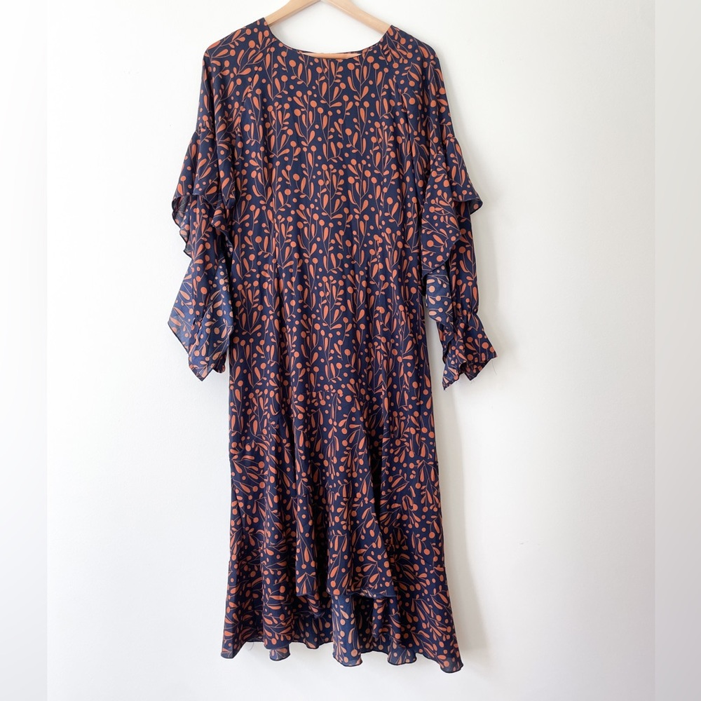 Navy Midi Dress with Rust Leaf Print